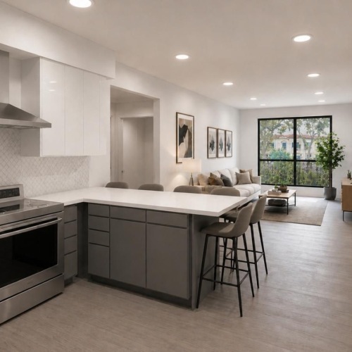 a kitchen with white cabinets