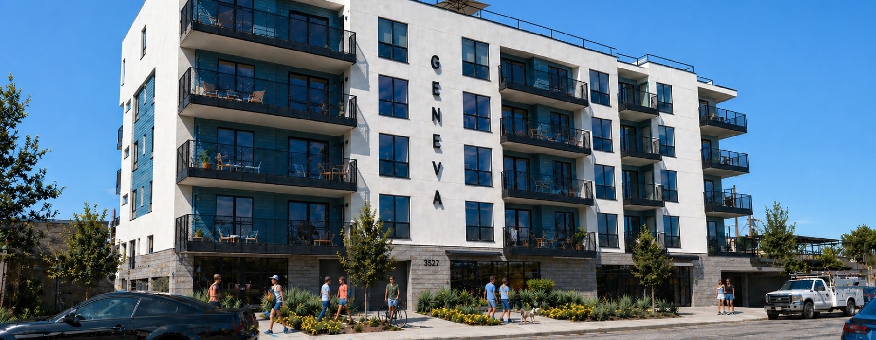 a building with people walking around