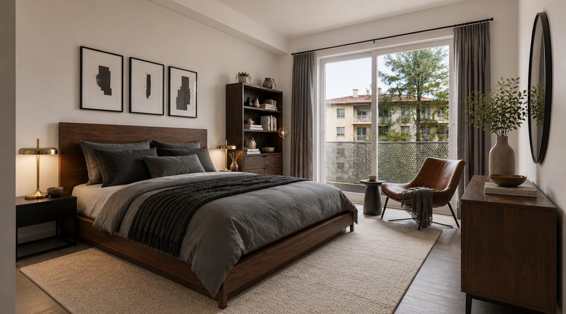 a bedroom with a bed and a chair