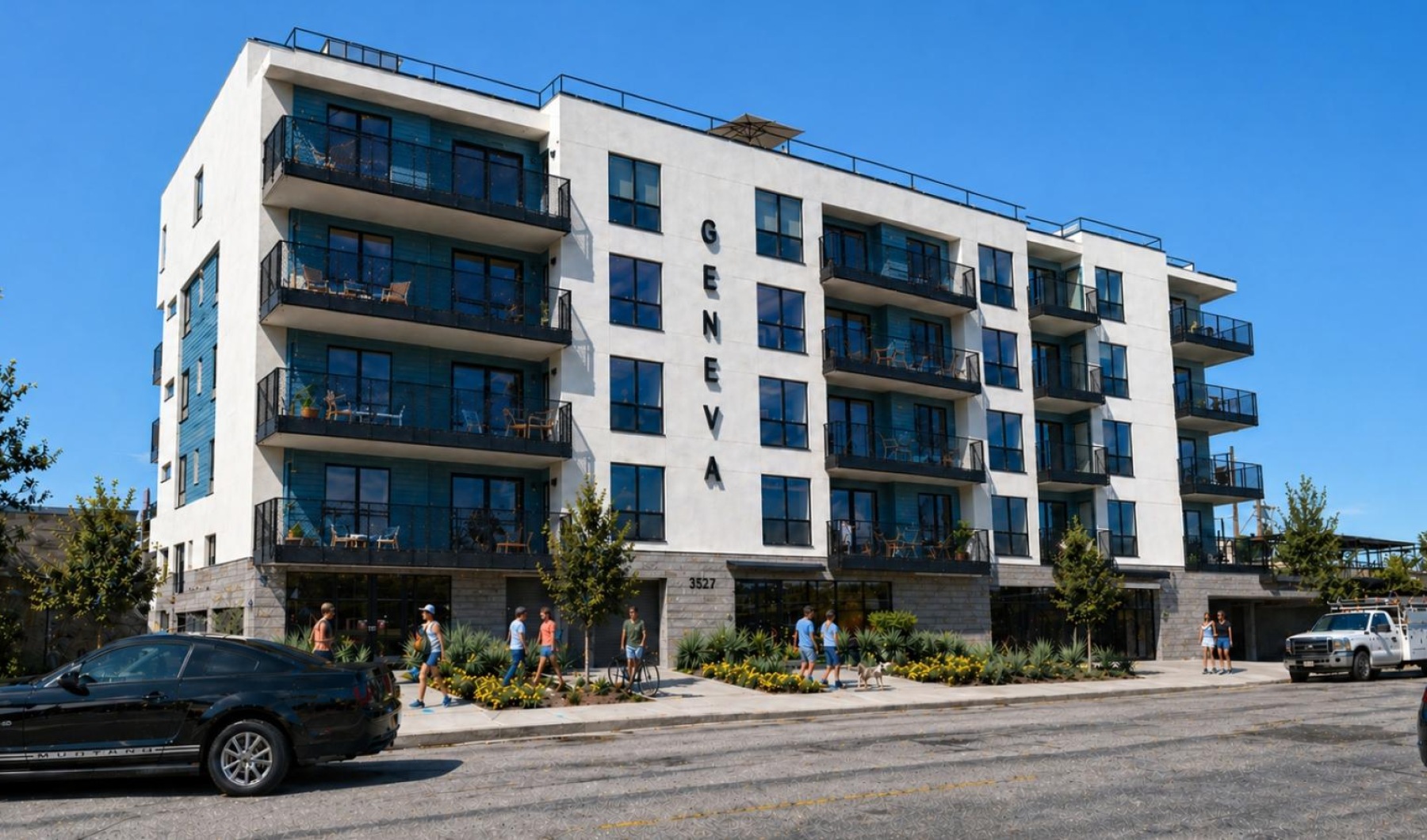 a building with people walking around