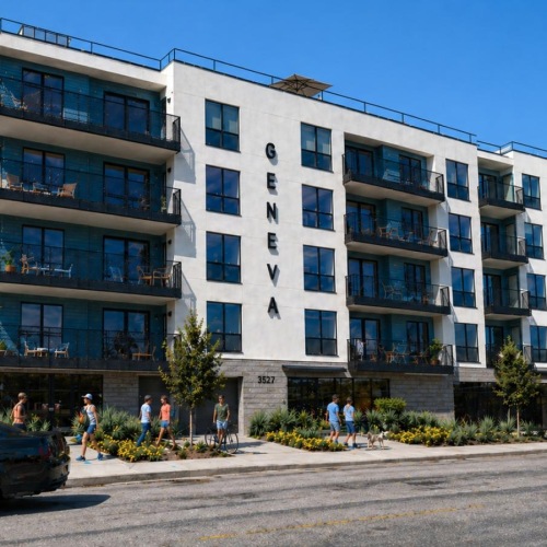 a building with people walking around