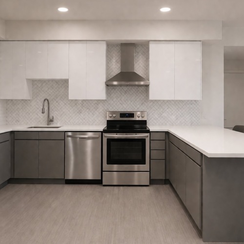 a kitchen with white cabinets