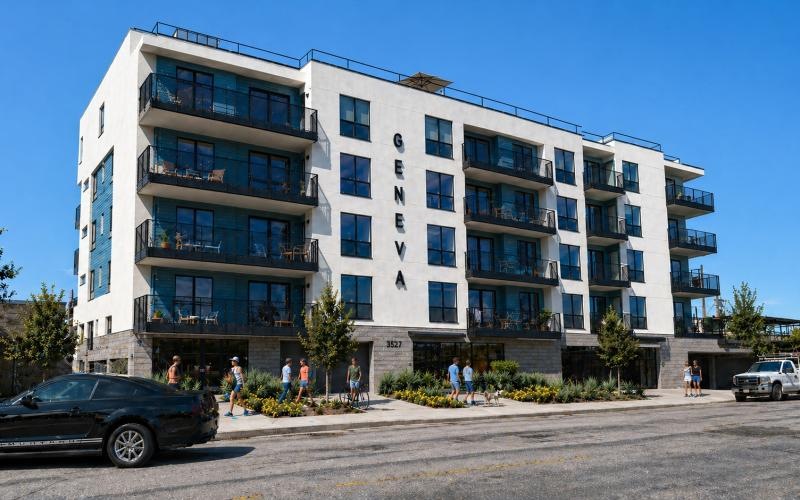 a building with people walking around